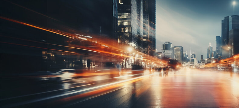 Dusk, lights in a modern city scene. Defocused image of a near dark street. Bright lights, tall buildings, towers, skyscrapers, road, cars. Wide scale image created using Generative AI tools.