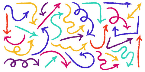 Different colorful charcoal arrows set. Set of arrows of different shapes, doodle elements. Hand-drawn charcoal arrows	
