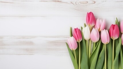 Top view of pink and white tulips on bright wood