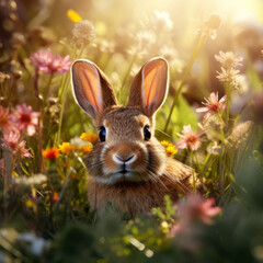 A rabbit alone in the wilderness among wild flowers