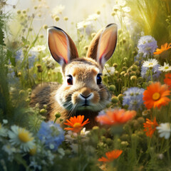 A brown rabbit peeking through wild flowers in a meadow