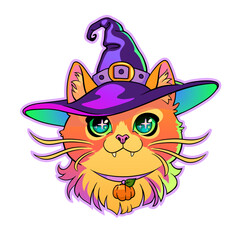 Portrait of a cute cartoon cat wearing a witch hat