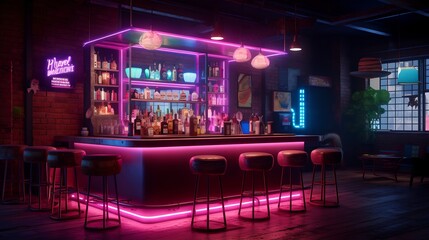 Neon bar interior, generative AI - obrazy, fototapety, plakaty