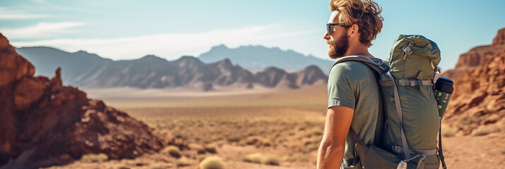 Male hiker with backpack hiking in mountain desert landscape  - Powered by Adobe