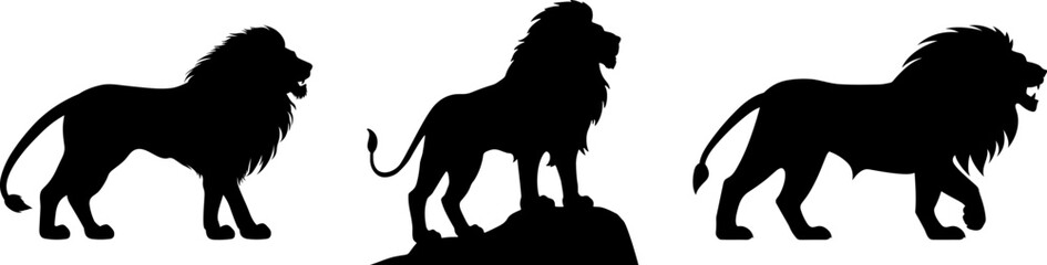 lion with mane big cat black silhouette logo set - obrazy, fototapety, plakaty