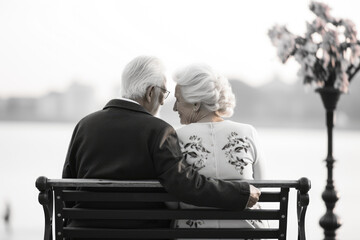 elderly man and woman sitting on a bench looking at each other, marital love preserved through time