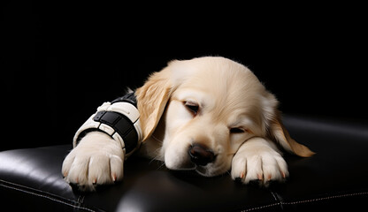 small sick puppy with a bandaged paw