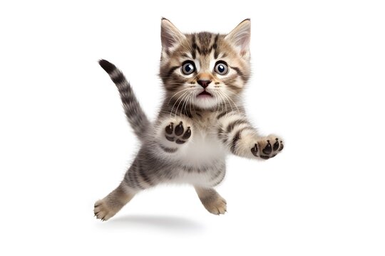 Cute cat jumping on white background.