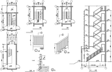 Vector sketch illustration of the architectural design of an emergency staircase for a multi-story building with a size scale