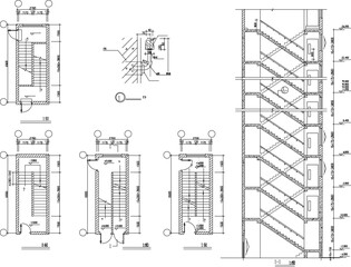 Vector sketch illustration of the architectural design of an emergency staircase for a multi-story building with a size scale
