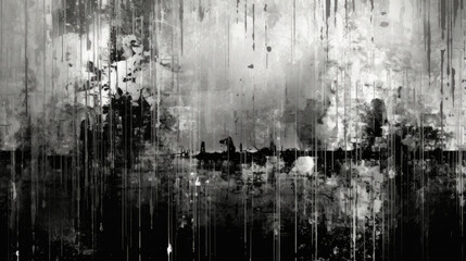 Obraz premium Textured surface of an aged plaster wall in black and white, embellished with splatters and drips, embodying vintage charm, artistic character, and historical depth.