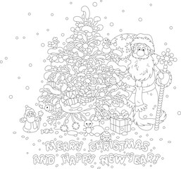 Merry Christmas and happy New Year card with Santa Claus holding his gift bag and a magical staff looking out from behind a decorated fir tree, black and white vector cartoon illustration