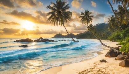 Fototapeta na wymiar The blue beach of a tropical paradise island sunset with a green landscape of coconut trees.