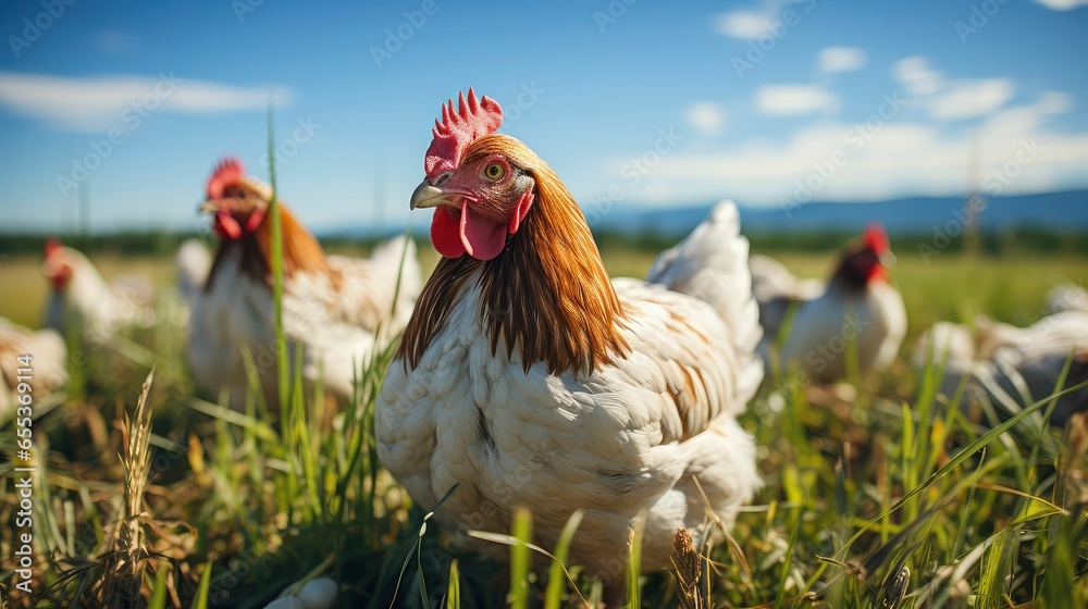 Wall mural Chicken farm with green grass and clear sky