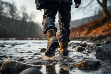 A person walking along a stream in a forest in search of the serenity and tranquility that nature gives, away from the city.