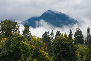 Early fall color among cloud shrouded mountains in Pacific Northwest