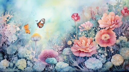  a painting of a butterfly flying over a field of flowers.  generative ai