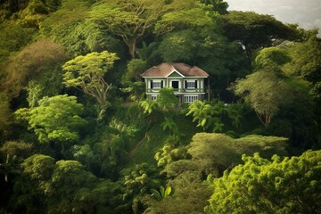 A hilltop house amidst lush trees. Generative AI
