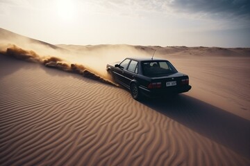 car drifting on desert beach. Generative AI - obrazy, fototapety, plakaty