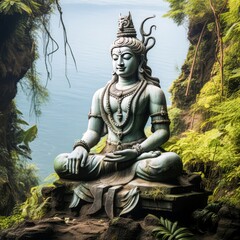 an ancient statue of Lord Shiva meditates in eternal stillness. His serene visage and peaceful aura radiate tranquility, inviting all who encounter him to seek solace and inner peace