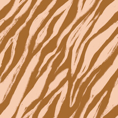 Seamless beige and brown zebra pattern. Hand drawn diagonal animal stripes with grunge texture. Drawn with dry brush
