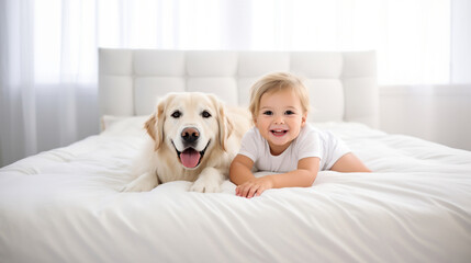 a happy baby and a healthy dog lying together on the bed.
