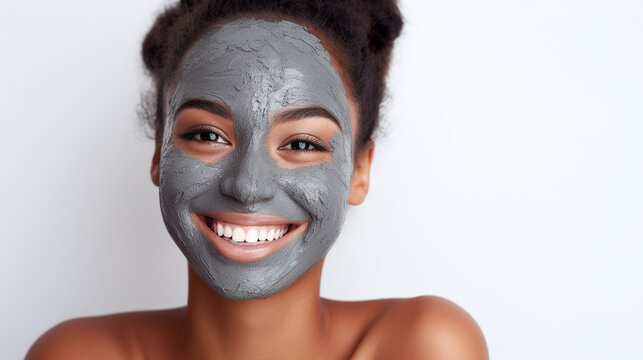 clay mask on a young woman's face, skin care 
