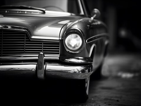 A black and white image of a classic american car headlight
