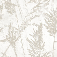 Plant-stamped hand printed seamless pattern. Reeds on river lake bank. Surface for fashion, textile, wallpaper, gift wrapping paper, decoration, card, print, wedding invitation, background, wall art.
