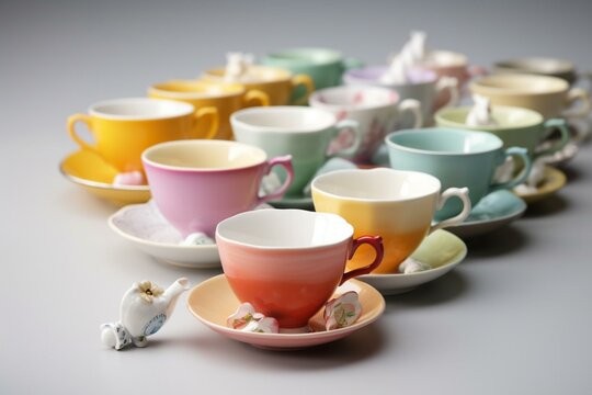 a cute arrangement of small colorful tea cups for tea time. Generative AI