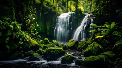 Fototapeta na wymiar Panorama of a waterfall in a tropical forest, Bali island, Indonesia