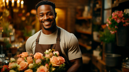 portrait of young african - american florist with bouquet in flower shop