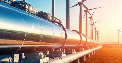 wind turbines and a hydrogen pipeline in the distance. Concept for sustainable hydrogen production