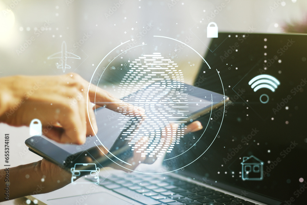 Poster Double exposure of abstract creative fingerprint hologram with finger clicks on a digital tablet on background, research and development concept