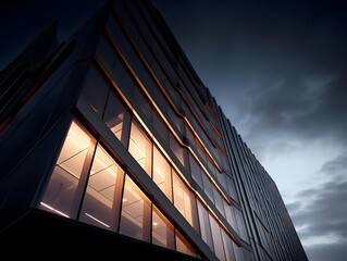 Modern office building at night. Panoramic view. 3d render
