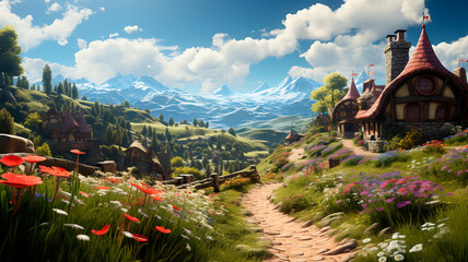 Fototapeta na wymiar fantasy fairy tale landscape with a beautiful fairy tale forest and a beautiful landscape.