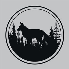 An icon of a fox. Fox in the forest. Black silhouette. Vector on gray background.