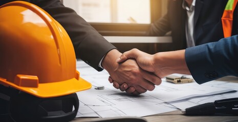 After concluding an agreement in the office construction site, architect and engineer construction workers shake hands in an effort to promote teamwork and cooperation. - obrazy, fototapety, plakaty