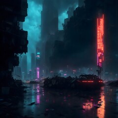 a dystopian futuristic cyberpunk city illuminated by neon lights amidst rubble.