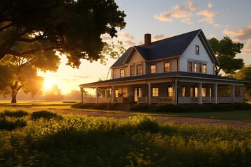 Sunset over a beautiful old house in the countryside, panorama