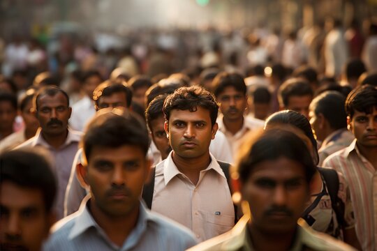 Crowd of Indian commuter people walking street