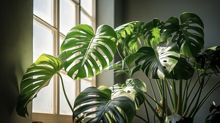  a houseplant in front of a window in a sunny room.  generative ai