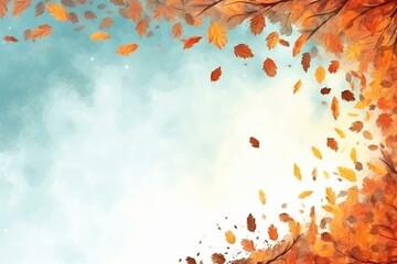 Blowing autumn leaves, morning sky banner with space. Generative AI