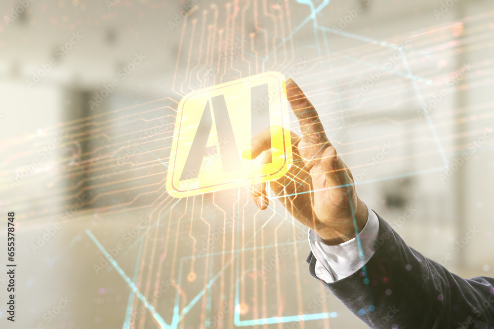 Aufkleber double exposure of man hand presses on creative artificial intelligence icon on blurred office backg