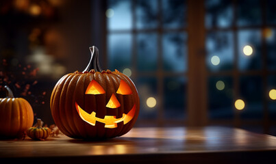 Dark house interior decorated with pumpkin for Halloween