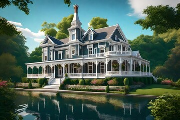 Fototapeta na wymiar A charming Victorian house stands gracefully on the bank of a serene river - AI Generative