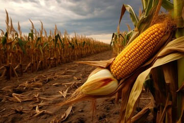 Corn cobs in a field. Generative AI - obrazy, fototapety, plakaty