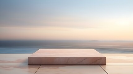 Square Marble Podium in light brown Colors in front of a blurred Seascape. Luxury Backdrop for Product Presentation