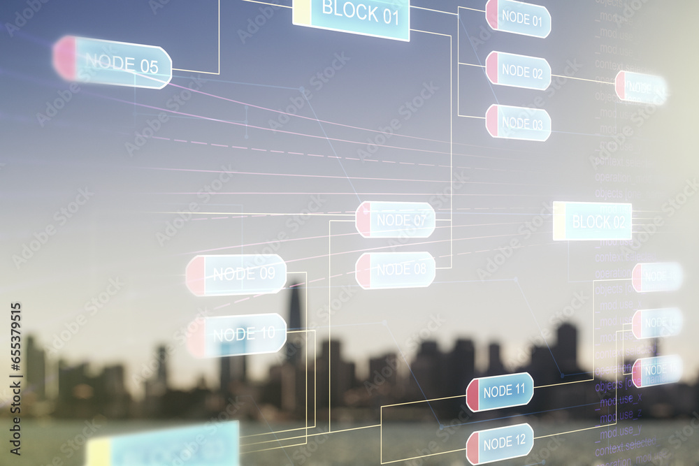 Aufkleber double exposure of abstract programming language interface on blurry cityscape background, research 