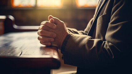 A person in prayer, hands clasped in a church pew, spiritual practices of Christians, bokeh - obrazy, fototapety, plakaty